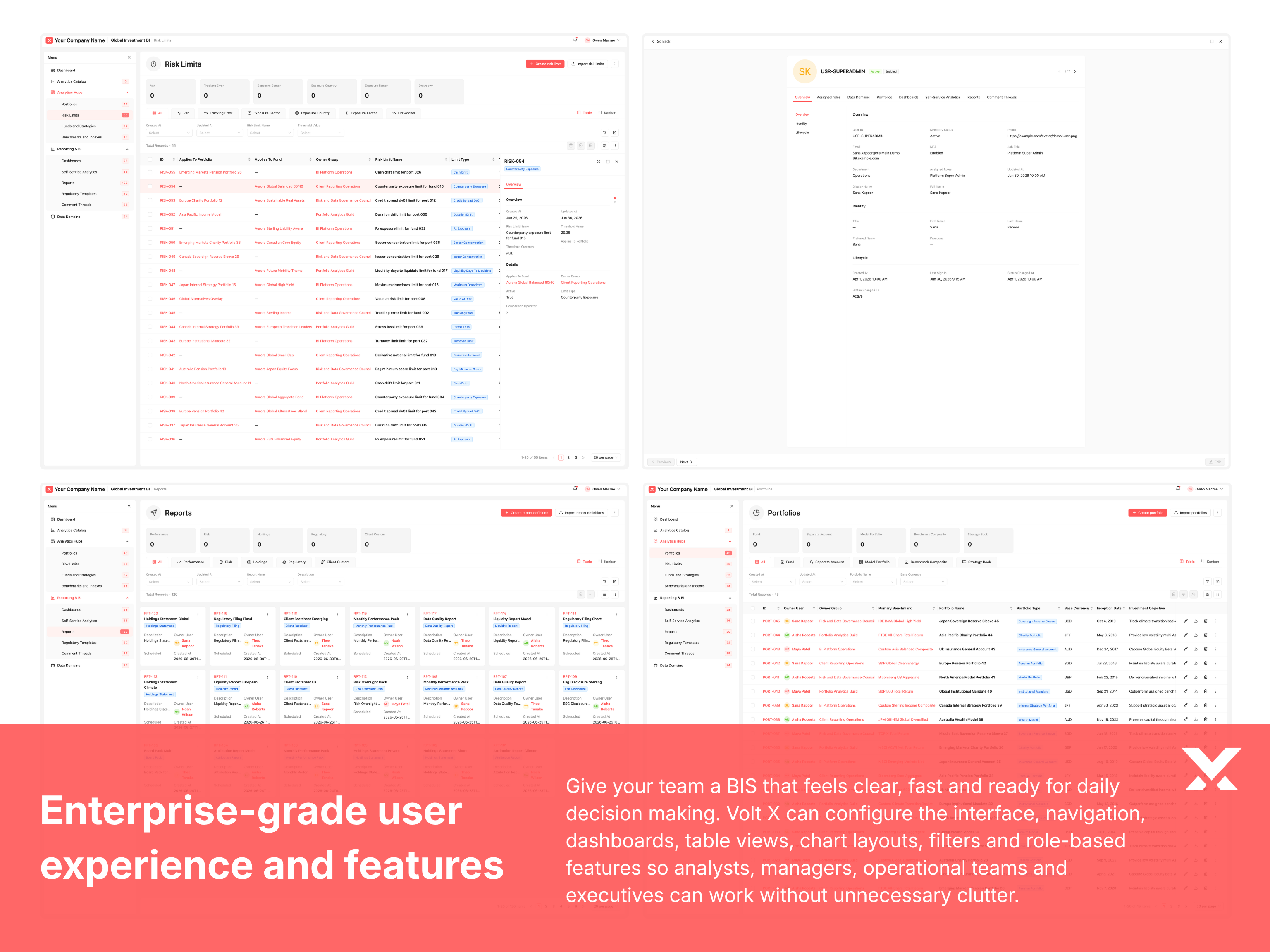 Enterprise-grade BIS user experience with tables, charts, and dashboards