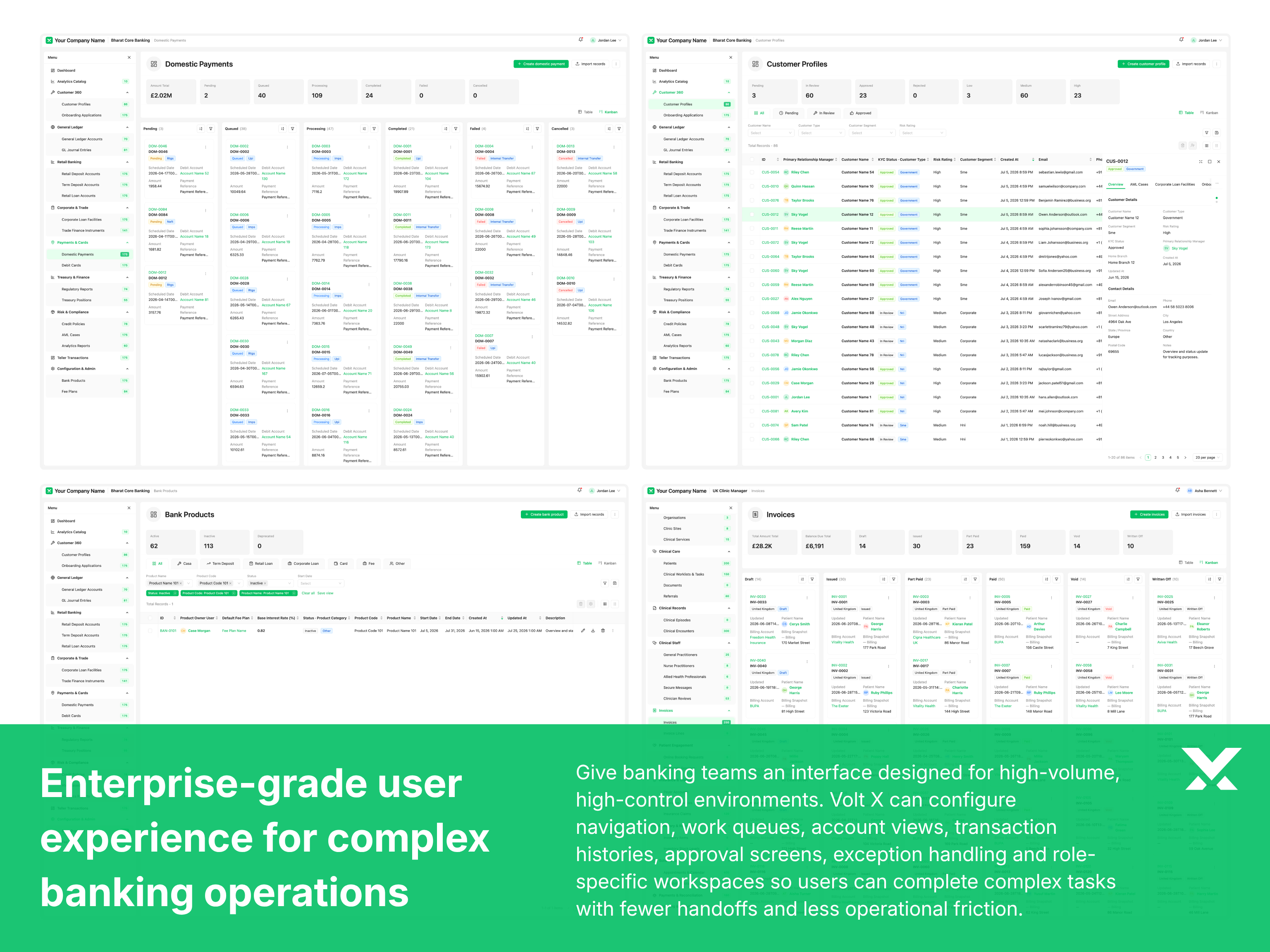 Enterprise core banking workspaces for payments, customer records, products, and invoices