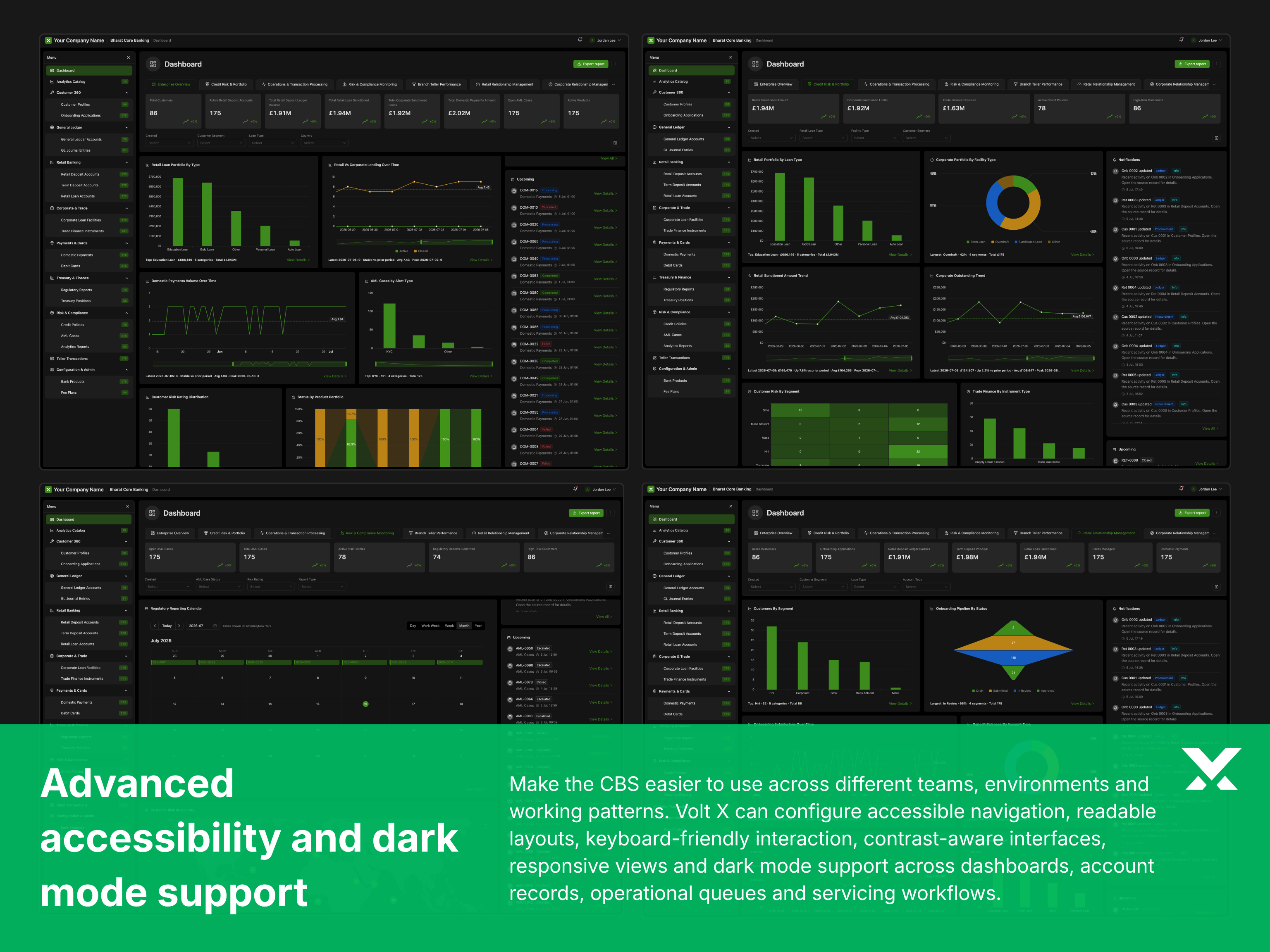 Accessible core banking dashboards with dark mode and readable operational layouts