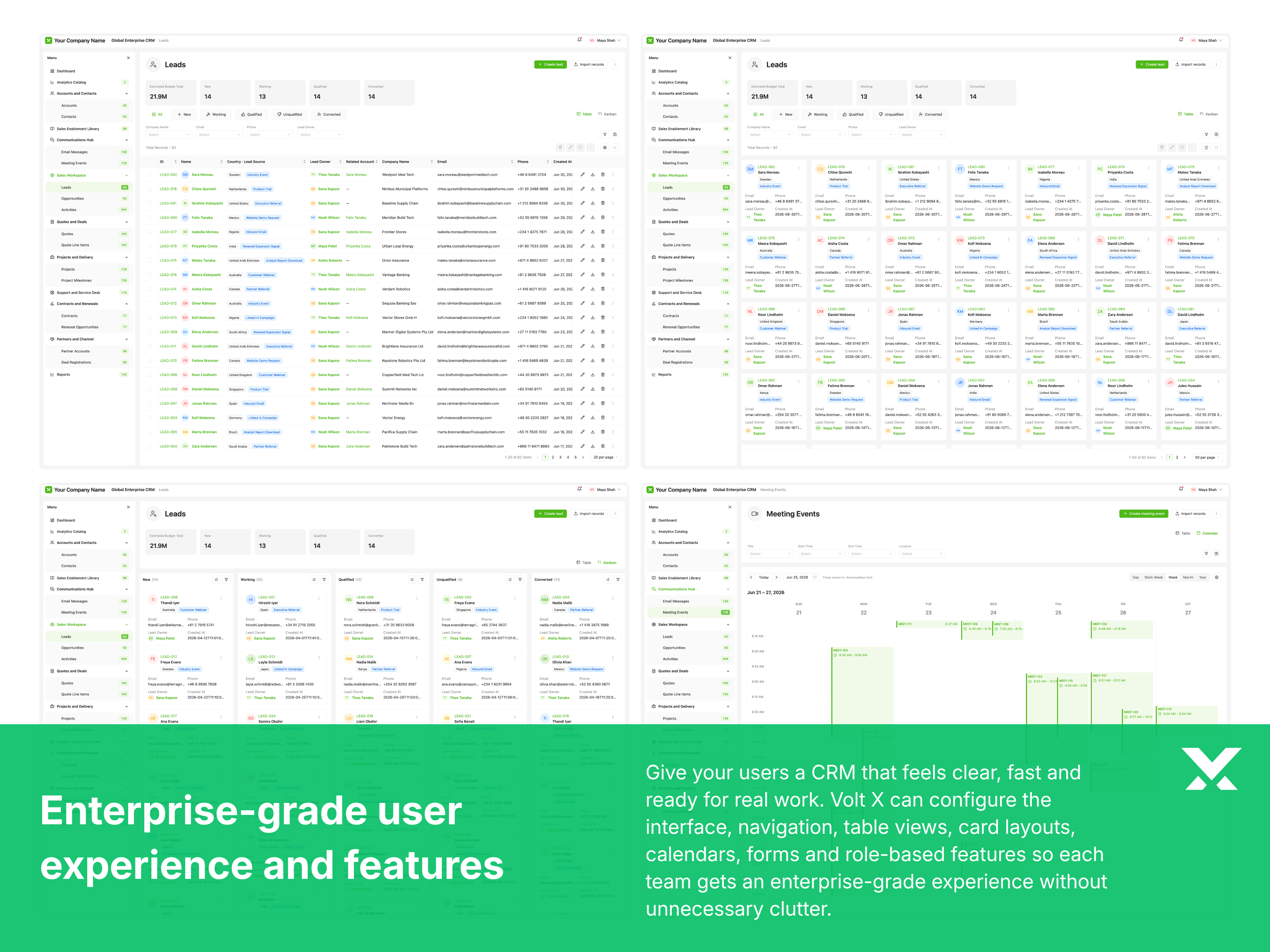 Enterprise-grade CRM user experience with tables, cards, and calendars