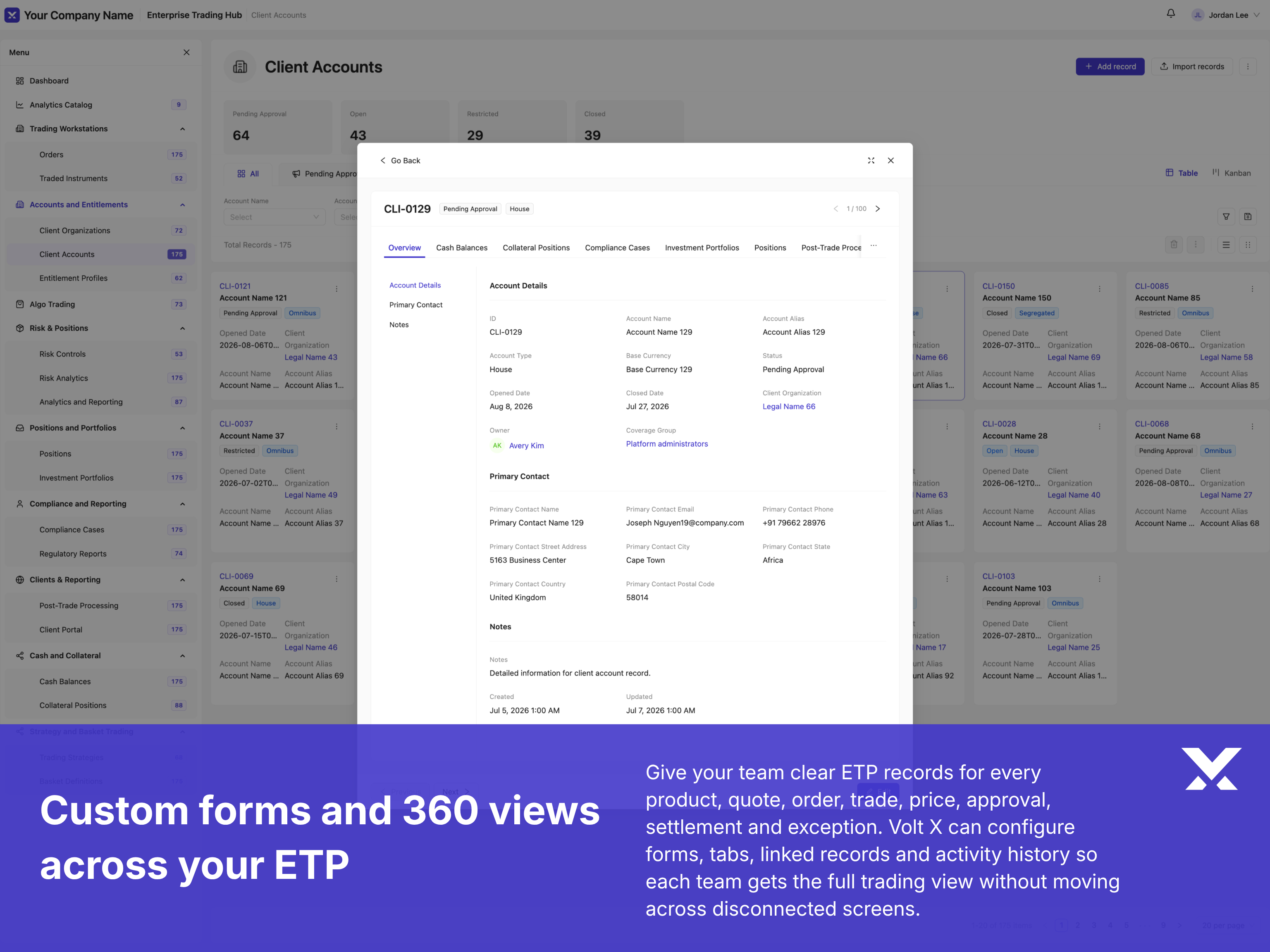 Custom ETP forms and 360-degree trading entity views