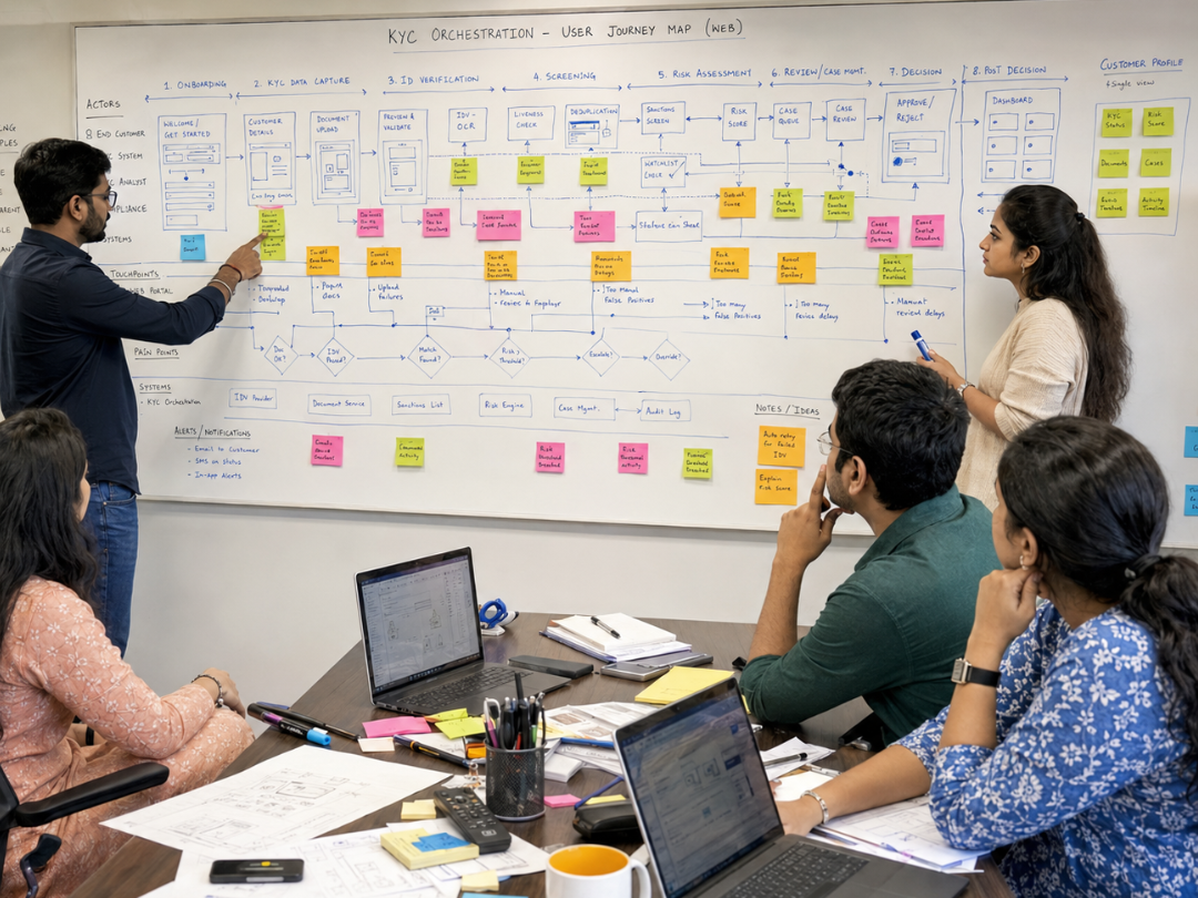 Workshop board showing customer review paths, validation steps, exception triggers, and ownership handoffs.