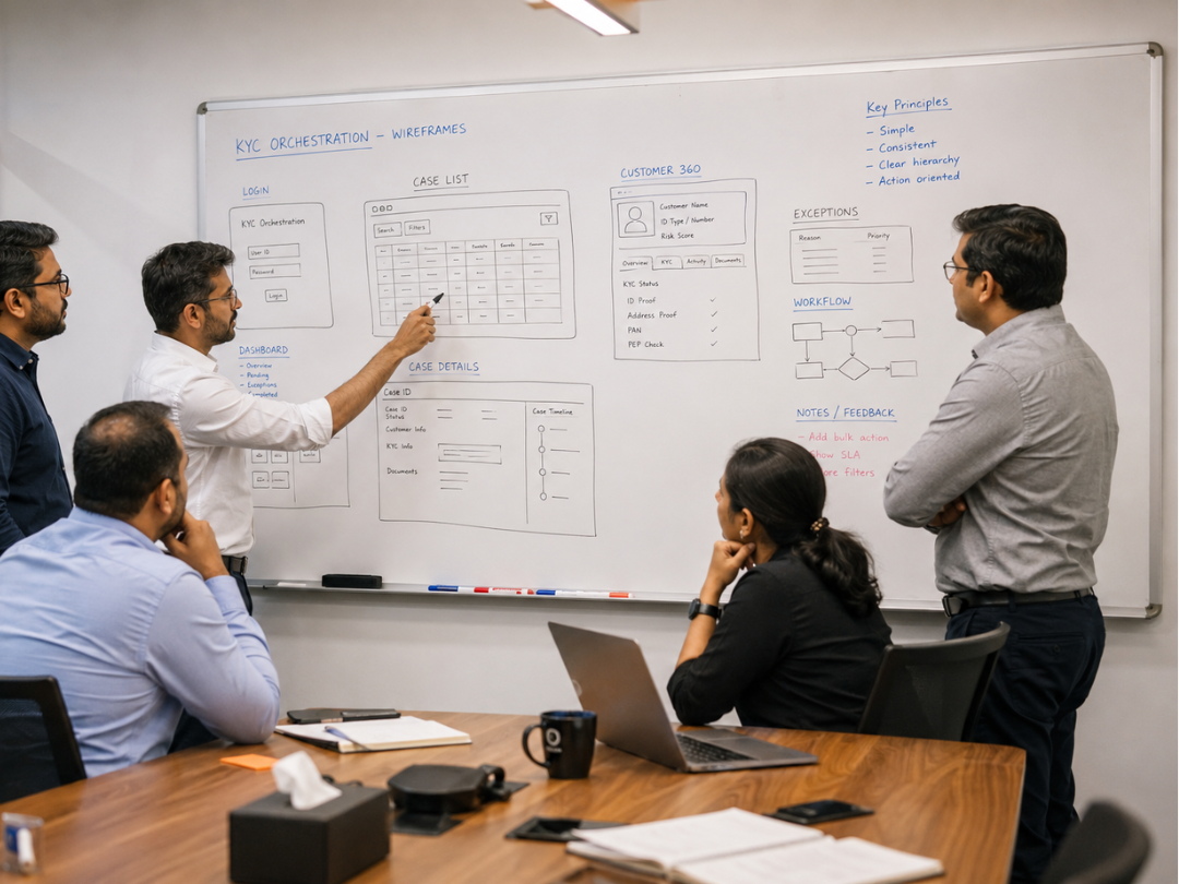 Stakeholder review session comparing current KYC operations with target workflow structure.